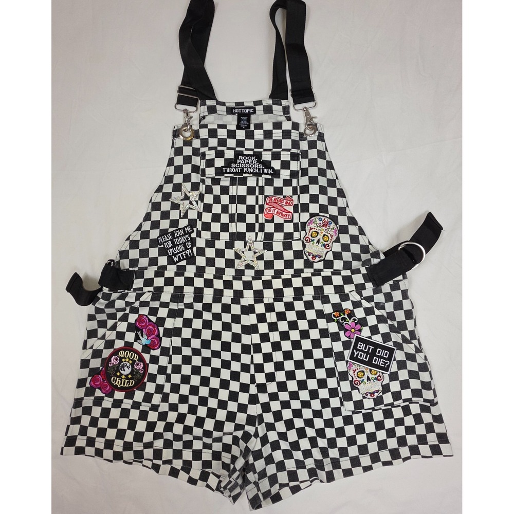 Hot Topic XL Checkered Shortalls Custom Patchwork Punk Goth Y2K Overalls Skull